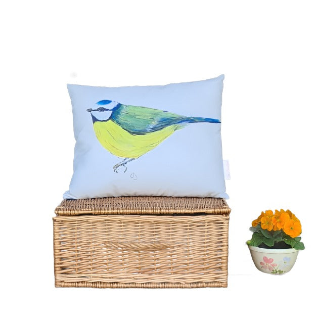 cushion printed with a bluetit, garden bird