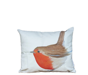 Outdoor cushion. Robin printed on front. by Caroline Dilworth, Les Papillons, Fermanagh, NOrthern Ireland