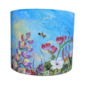 blue lamp shade. bees and flowers, handmade in Ireland