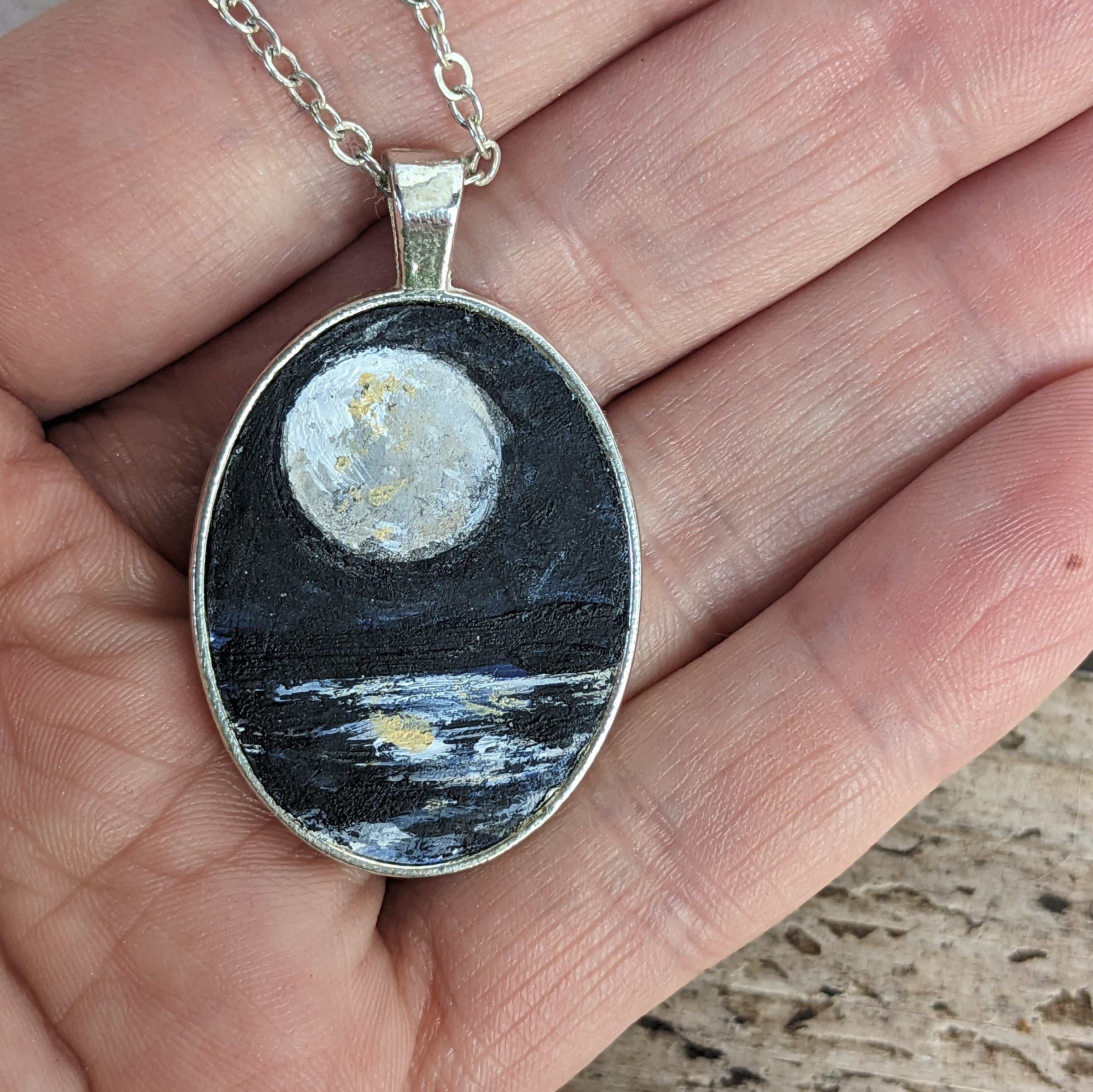 Moon and Ocean Painted Necklace