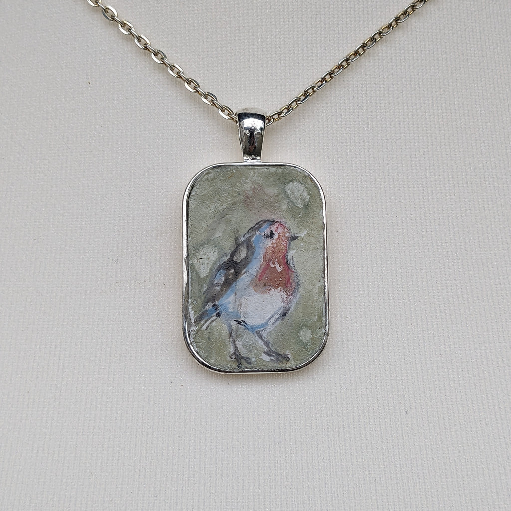 Vintage style painted robin necklace by Irish Artist Caroline Dilworth form Les Papillons