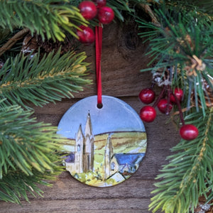 Omagh town spires christmas tree decoration painted by Caroline Dilworth from Les Papillons