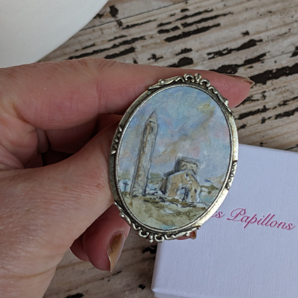 St Molaise Monastic site and Tower on Devenish Island painted brooch