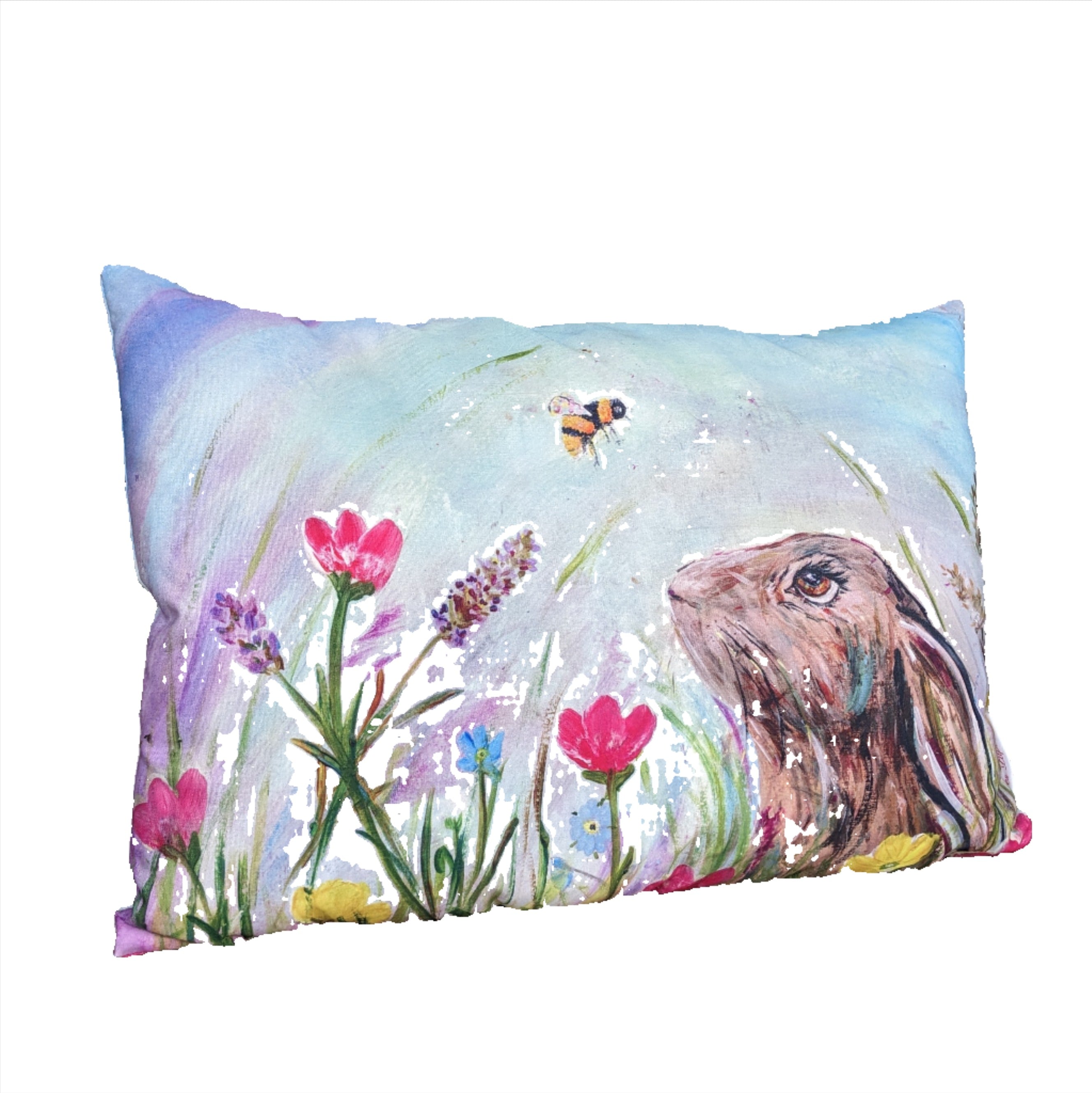 outdoor cushion. made with eco-fabric. colourful hare and bee print by Caroline Dilworth. Fermanagh Artist