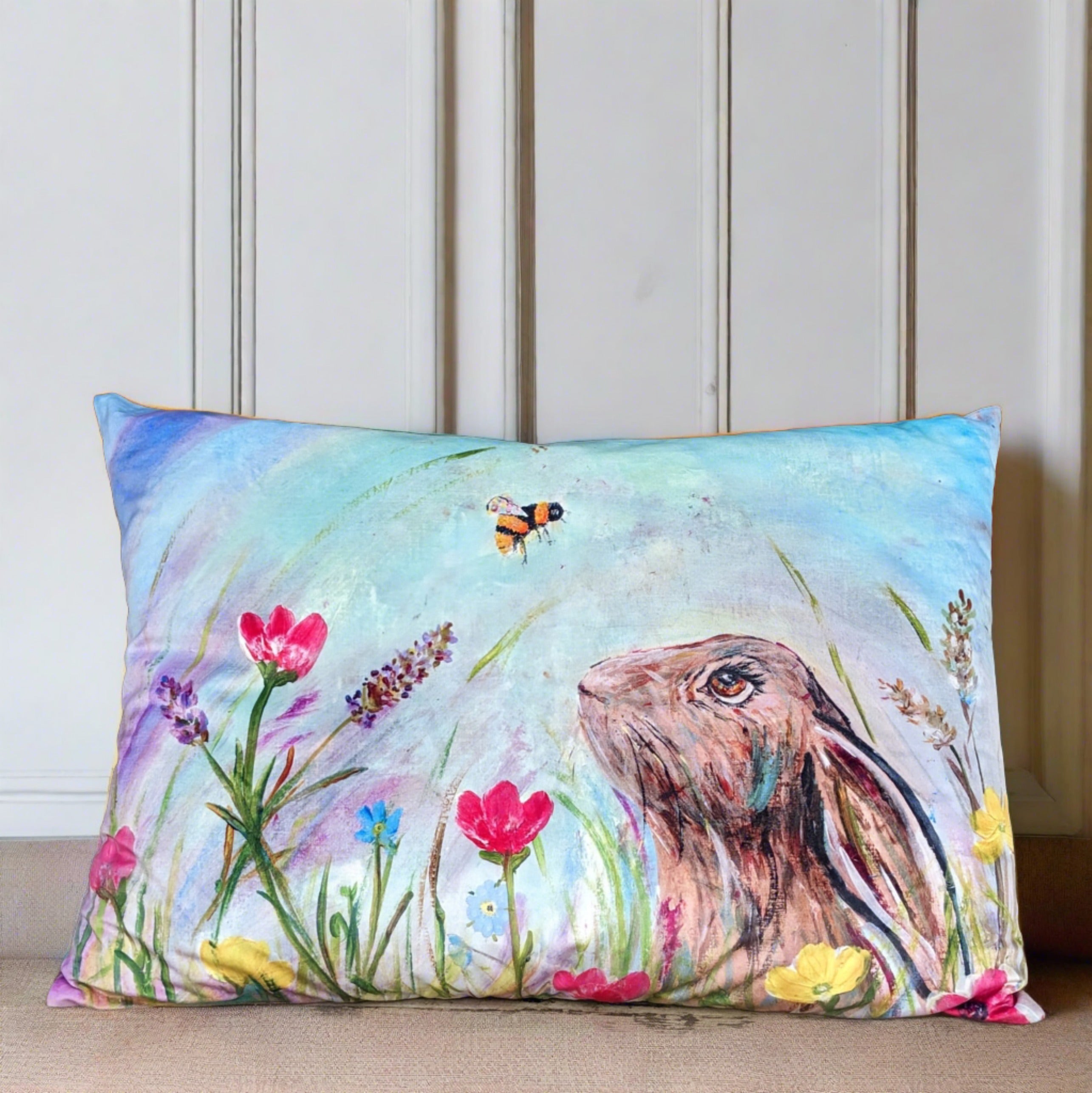 Hare and Bee Velvet Bolster Cushion
