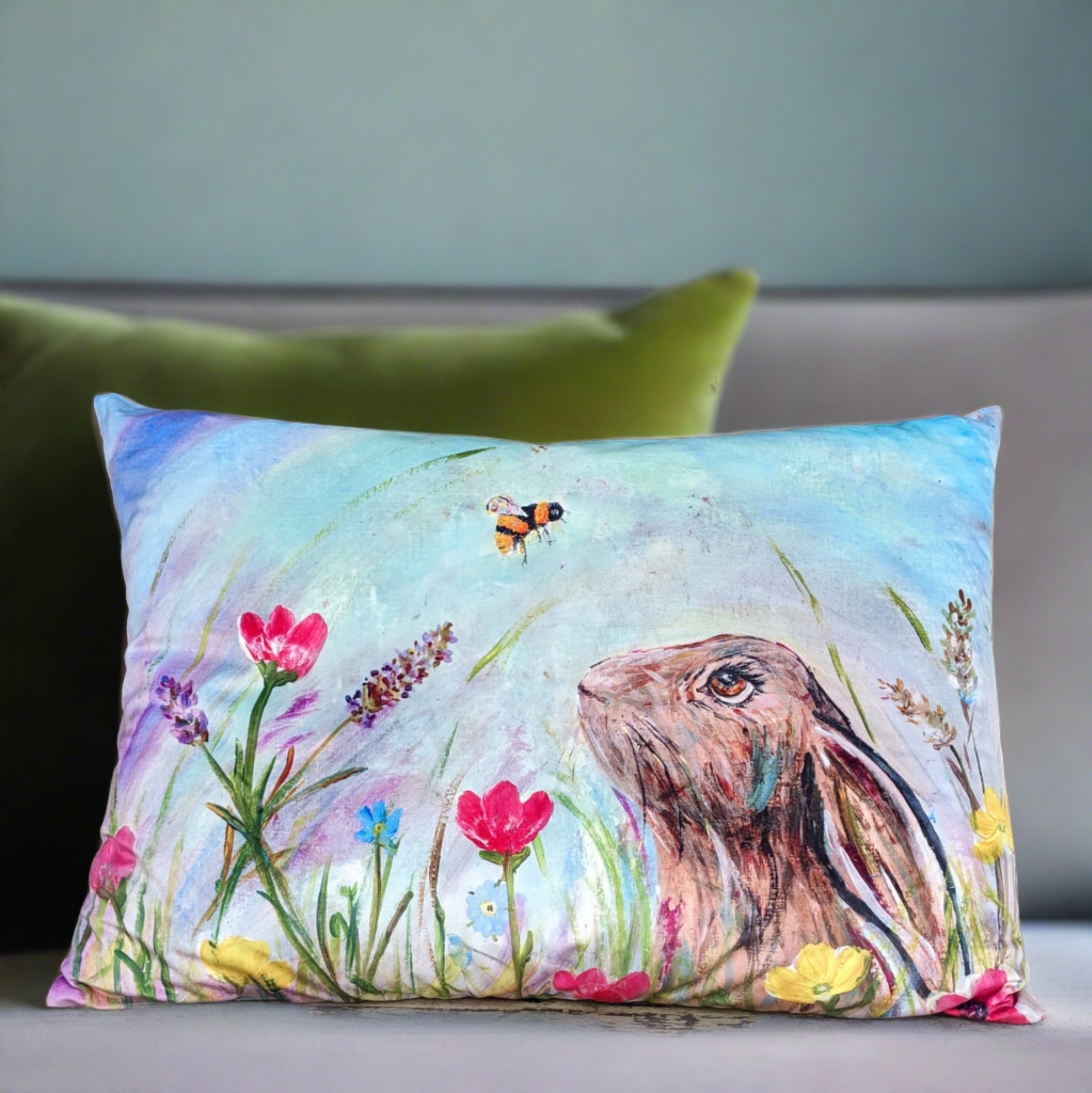 Hare and Bee Velvet Bolster Cushion