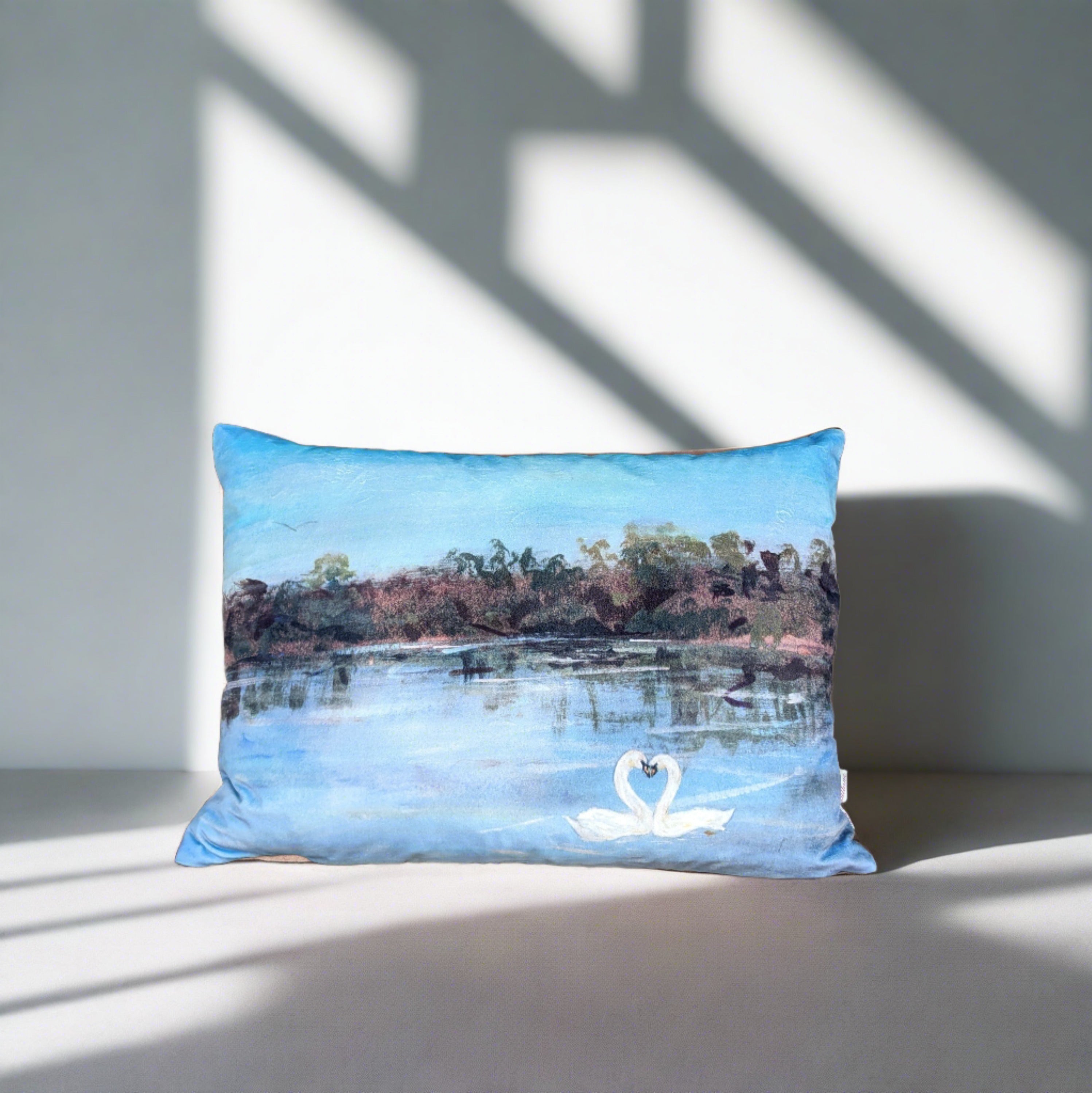 County Tyrone painting printed onto velvet cushion. two swans on Lough