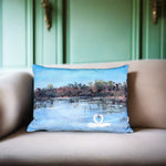 Load image into Gallery viewer, velvet cushion. image of swans on the Lough by Les Papillons, Northern Ireland
