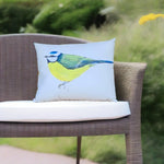 Load image into Gallery viewer, Outdoor cushion. printed with a blue tit. Painted by Caroline Dilworth, Fermanagh Artist. Made in Ireland
