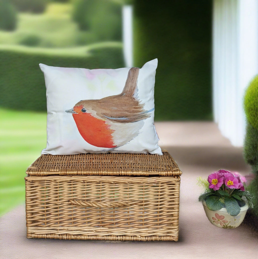 Robin. garden bird printed onto cushion