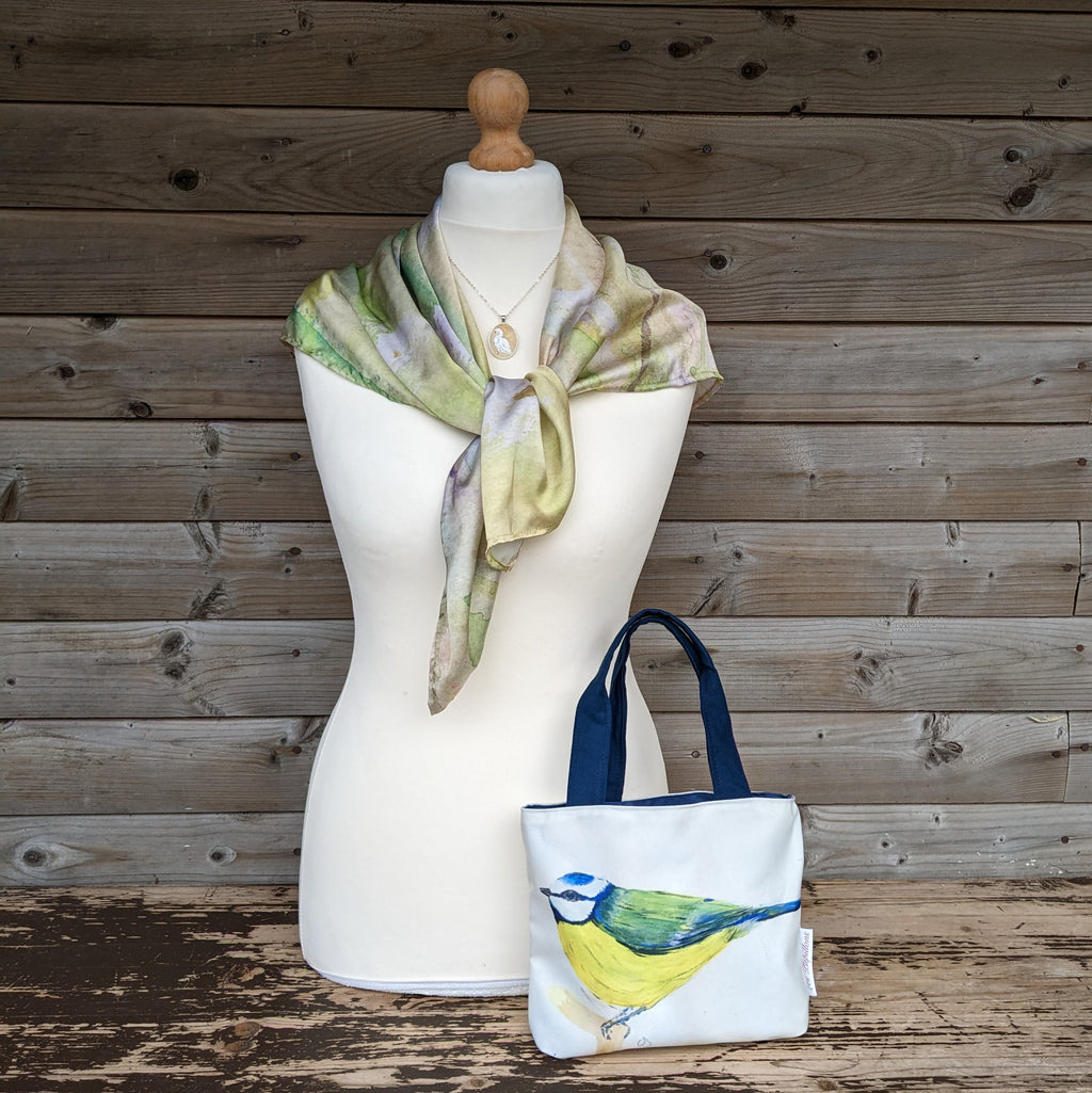 Les Papillons Eco-friendly handbag.  Bluetit image painted by Caroline Dilworth